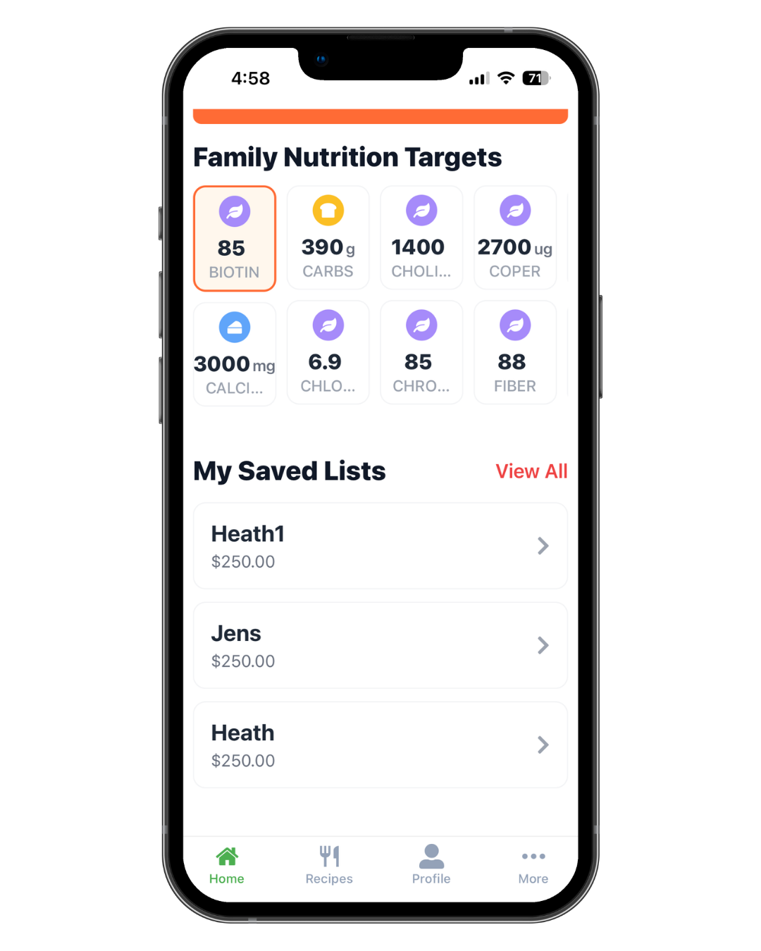 Mobile app screen showing Family Nutrition Targets and Saved Lists with progress cards and a bottom navigation bar