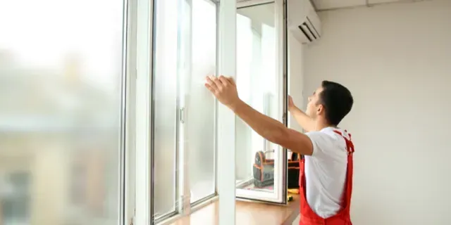 Person in a white shirt cleaning tall windows with a squeegee in a bright room
