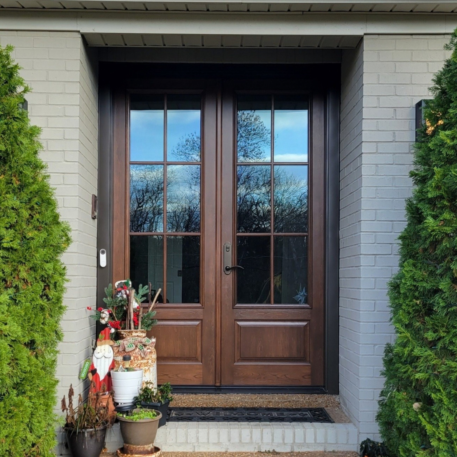 New replacement front door with decorative glass