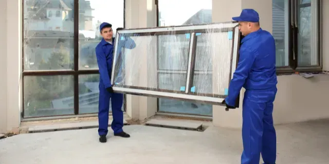 Two workers in blue uniforms carrying a large metal window frame outside a building