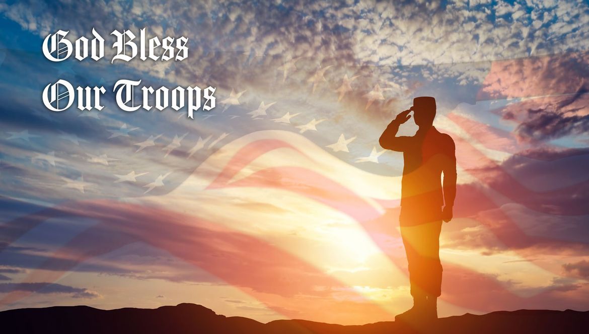 God Bless Our Troops Soldier sunset flag