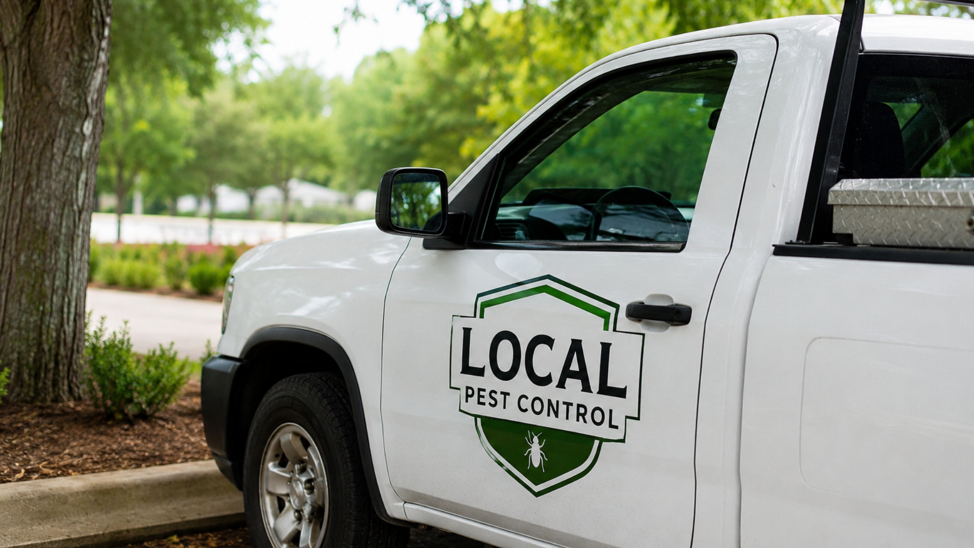 White pest control truck with “LOCAL PEST CONTROL” logo parked by a tree-lined street
