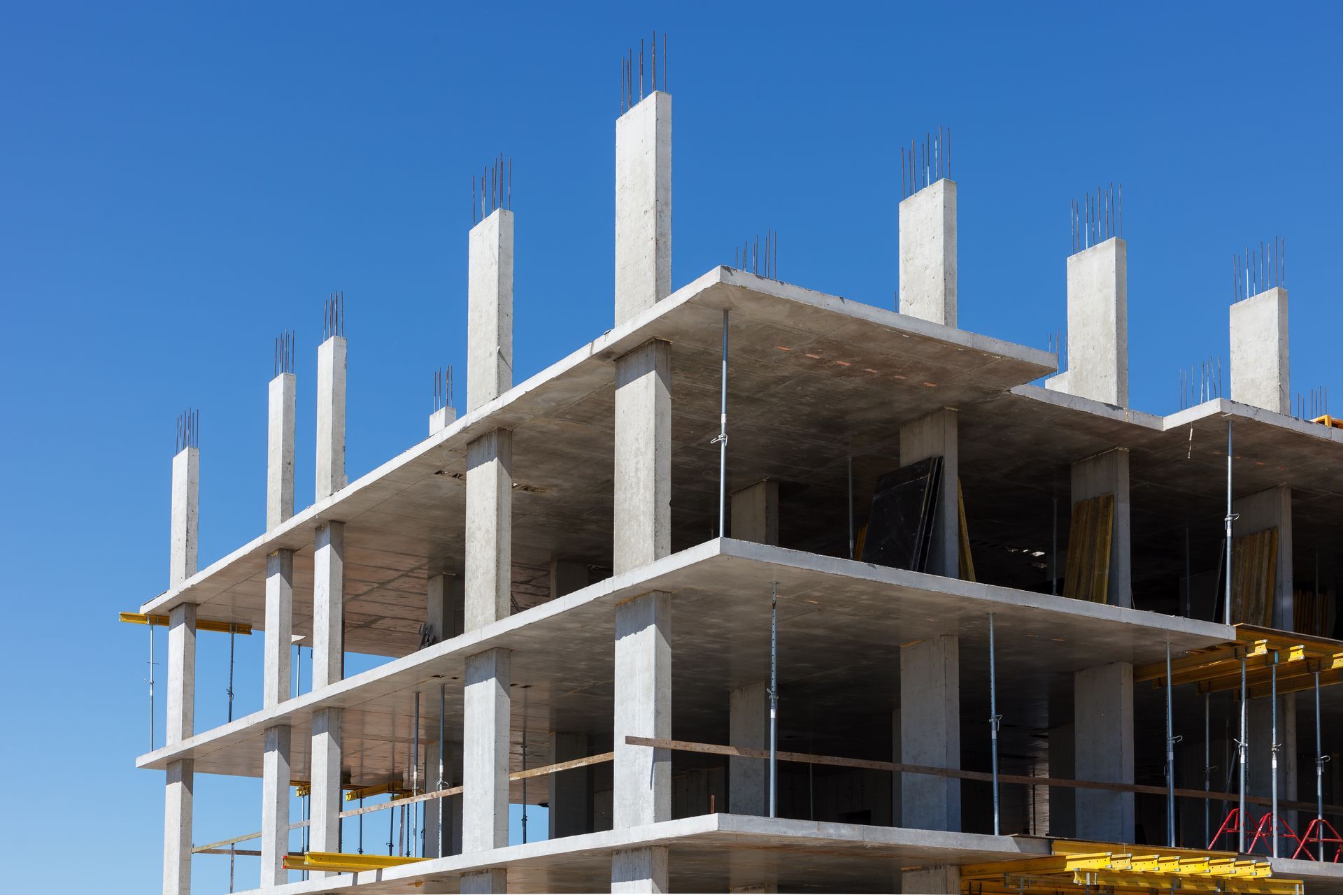 Reinforced concrete frame of a building under construction.