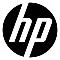 The hp logo is black and white in a circle.