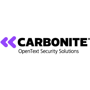 The carbonite open text security solutions logo is purple and black.