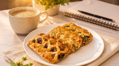 Slice of savory baked pastry on a white plate beside a mug of coffee on a table with a notebook