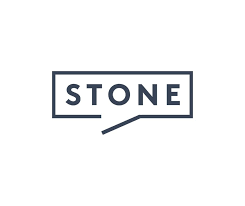 STONE wordmark in a dark gray outlined speech-bubble shape on a white background