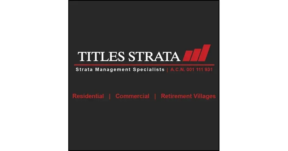 Titles Strata logo on dark background with red accent bars and services listed below
