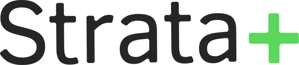 Strata logo with black text and a green plus sign