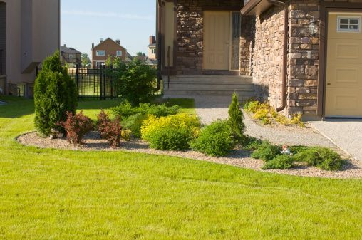 A house with a lush green lawn and a driveway in front of it.