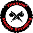 Logo for Thomas' Mobile Detailing. Black tire outline, red text, crossed detailing tools.