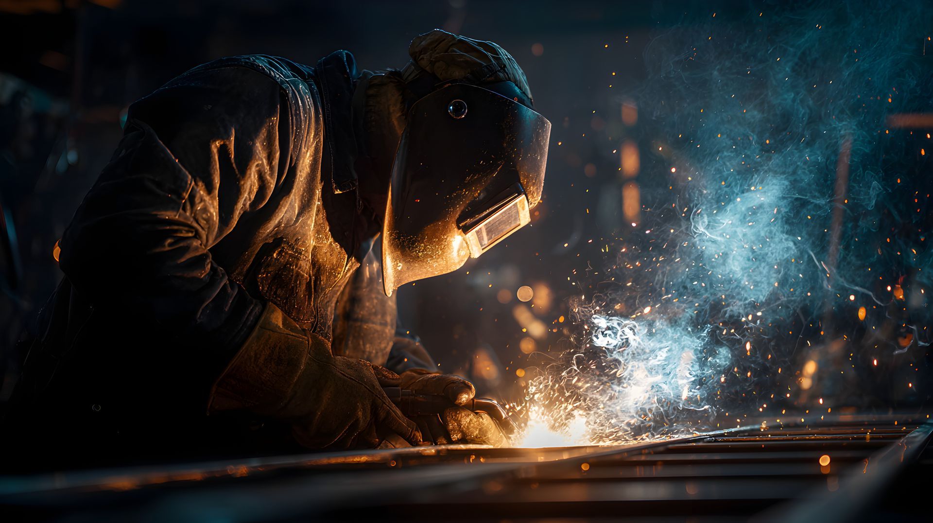 Welding sparks flying as metal is worked on in a dark workshop. 