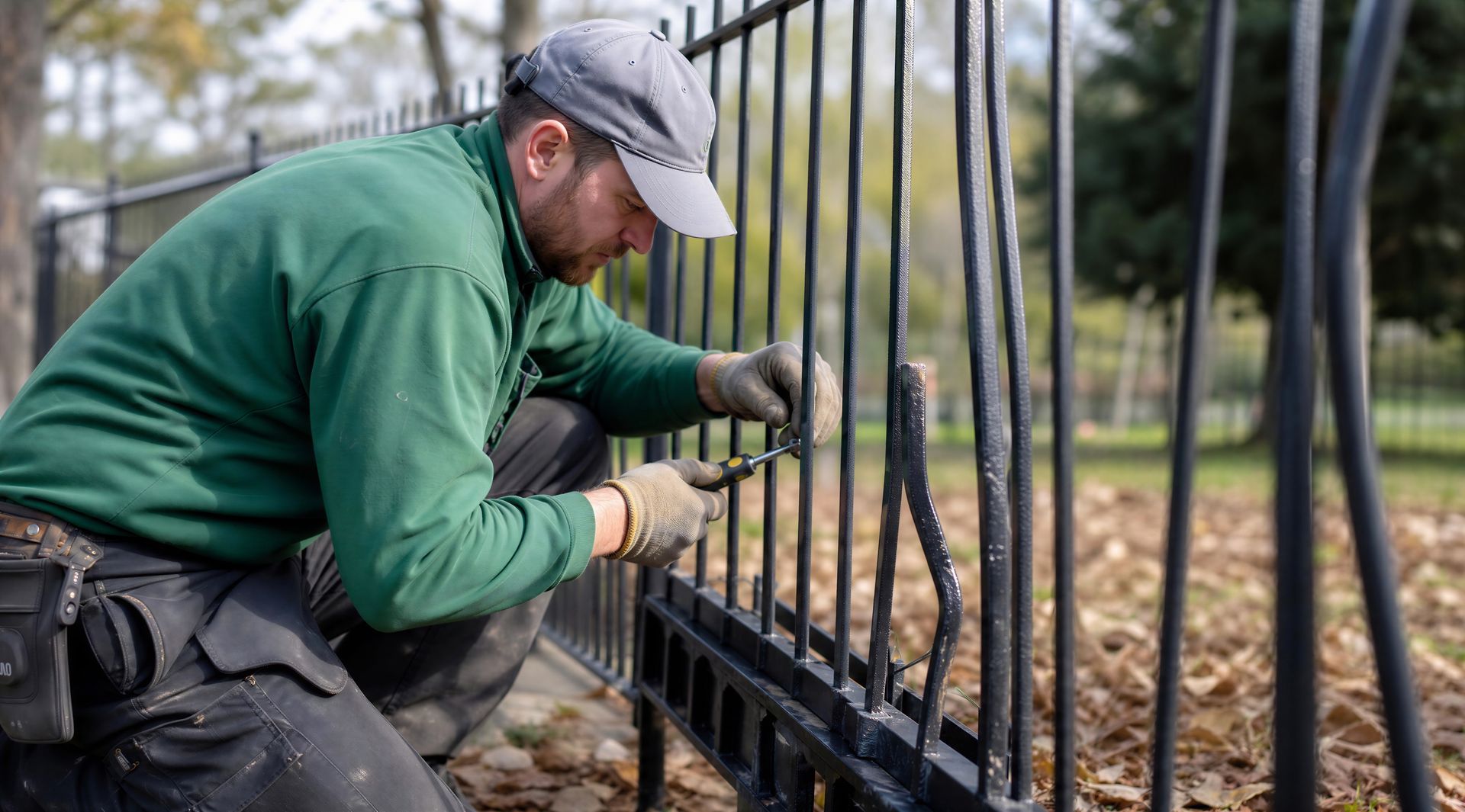Iron railing contractor in gloves using a screwdriver to repair a black iron fence outdoors Iron railing contractor in gloves using a screwdriver to repair a black iron fence outdoors
