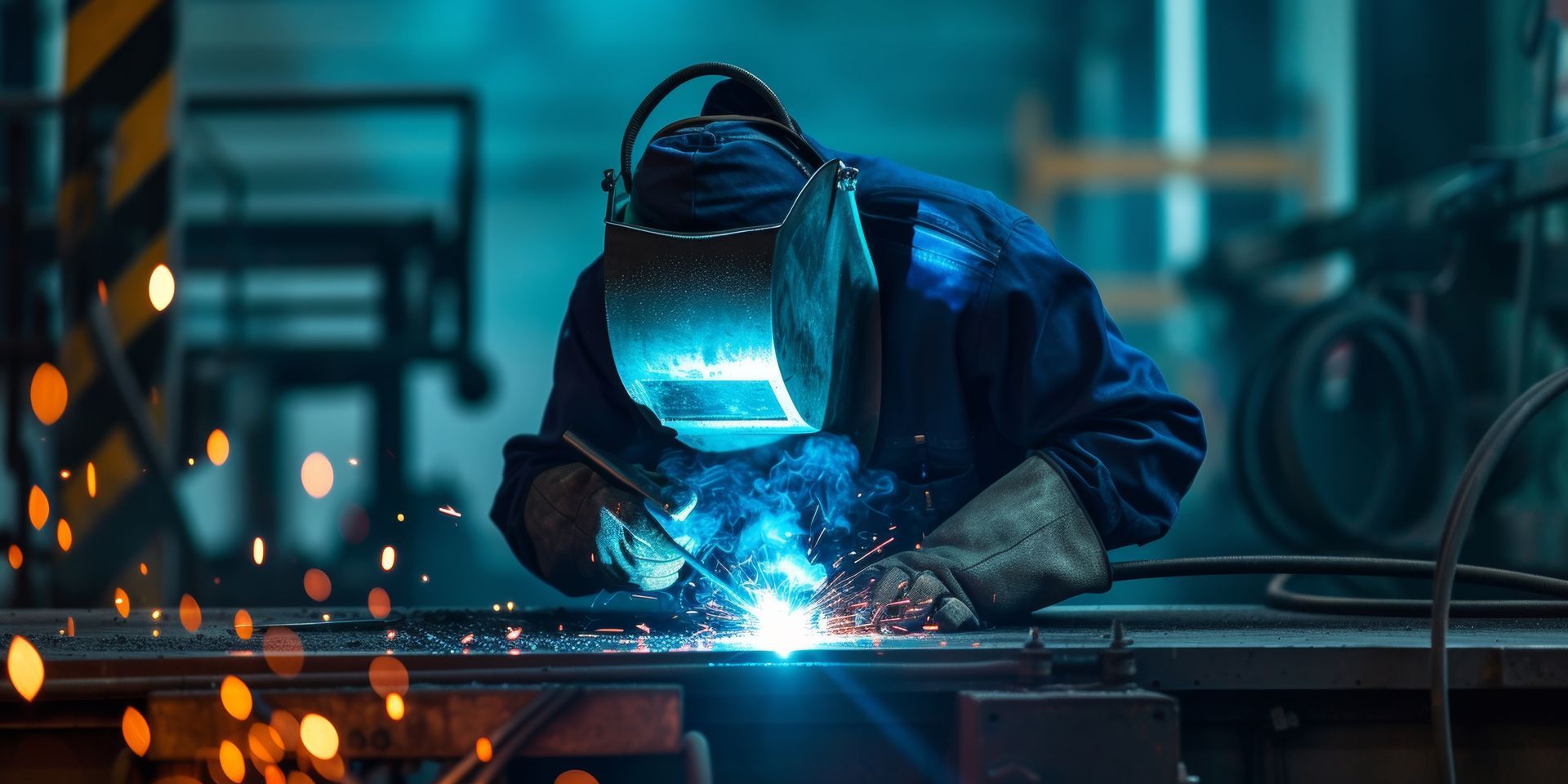 Welder in protective gear demonstrating how iron fabrication works