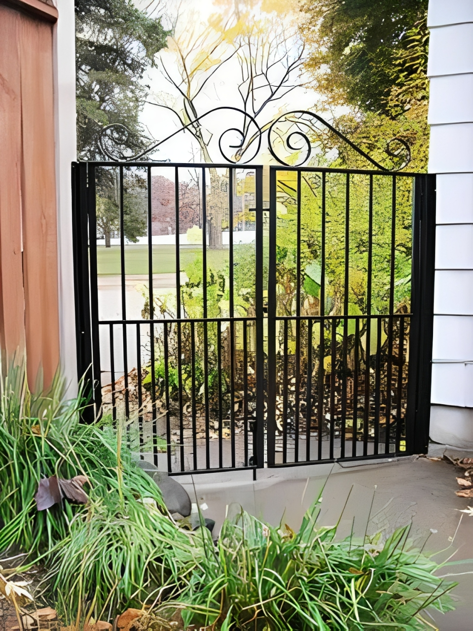 An ornamental gate made of black powder-coated wrought iron.