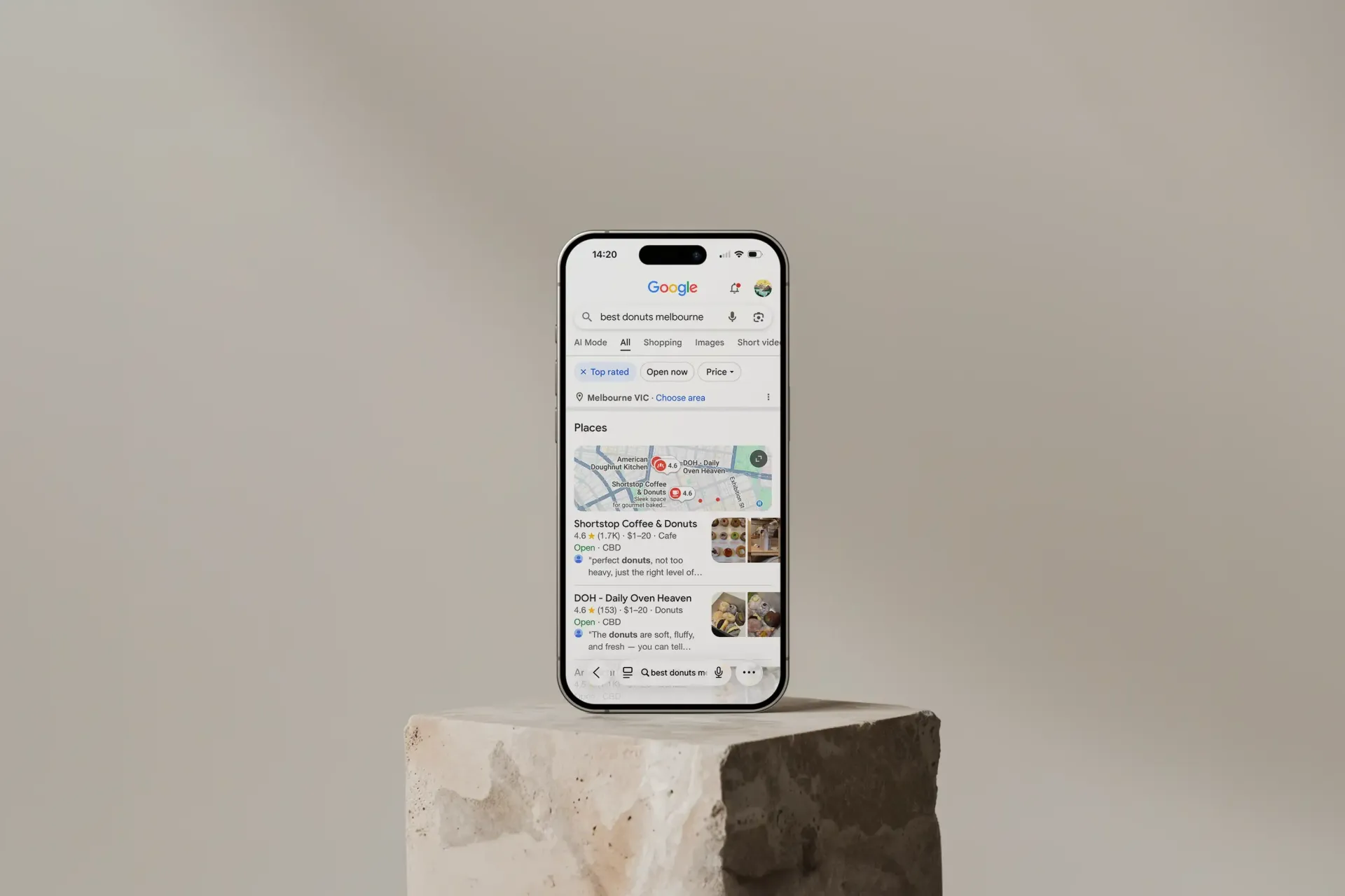 Mobile phone showing google maps listings