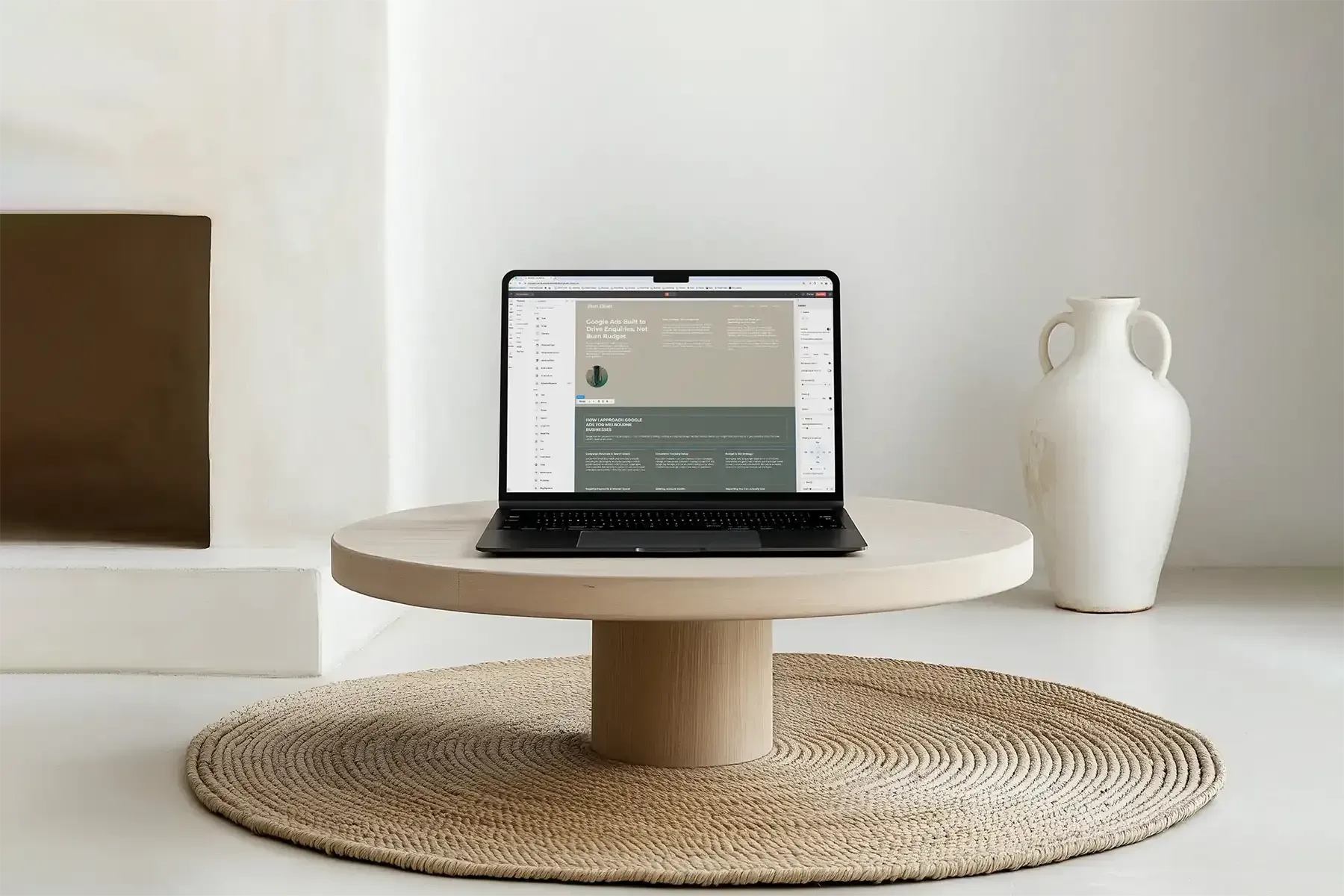 Laptop showing a modern website homepage on a table, representing platforms like Duda and Shopify