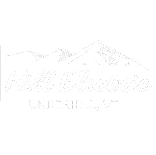 White logo of mountain range above "Hill Electric" and "LND, VT".