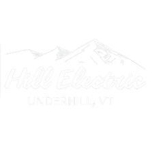 White logo of mountain range above "Hill Electric" and "LND, VT".
