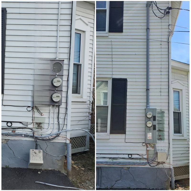 Two-panel view of a white building exterior. Electrical meters and conduit are visible on the siding.