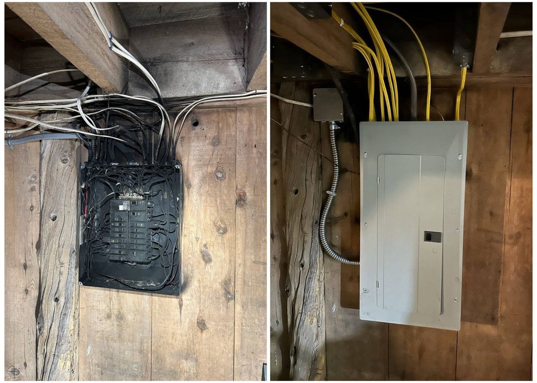 Left: burnt electrical panel. Right: new electrical panel. Both are mounted on wooden walls.