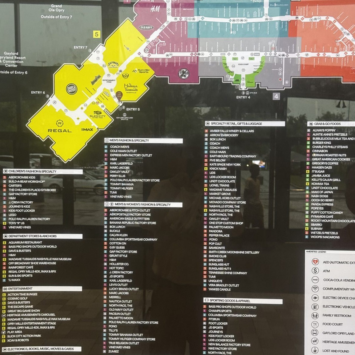 Opry Mills mall directory map with color-coded zones and categorized store listings