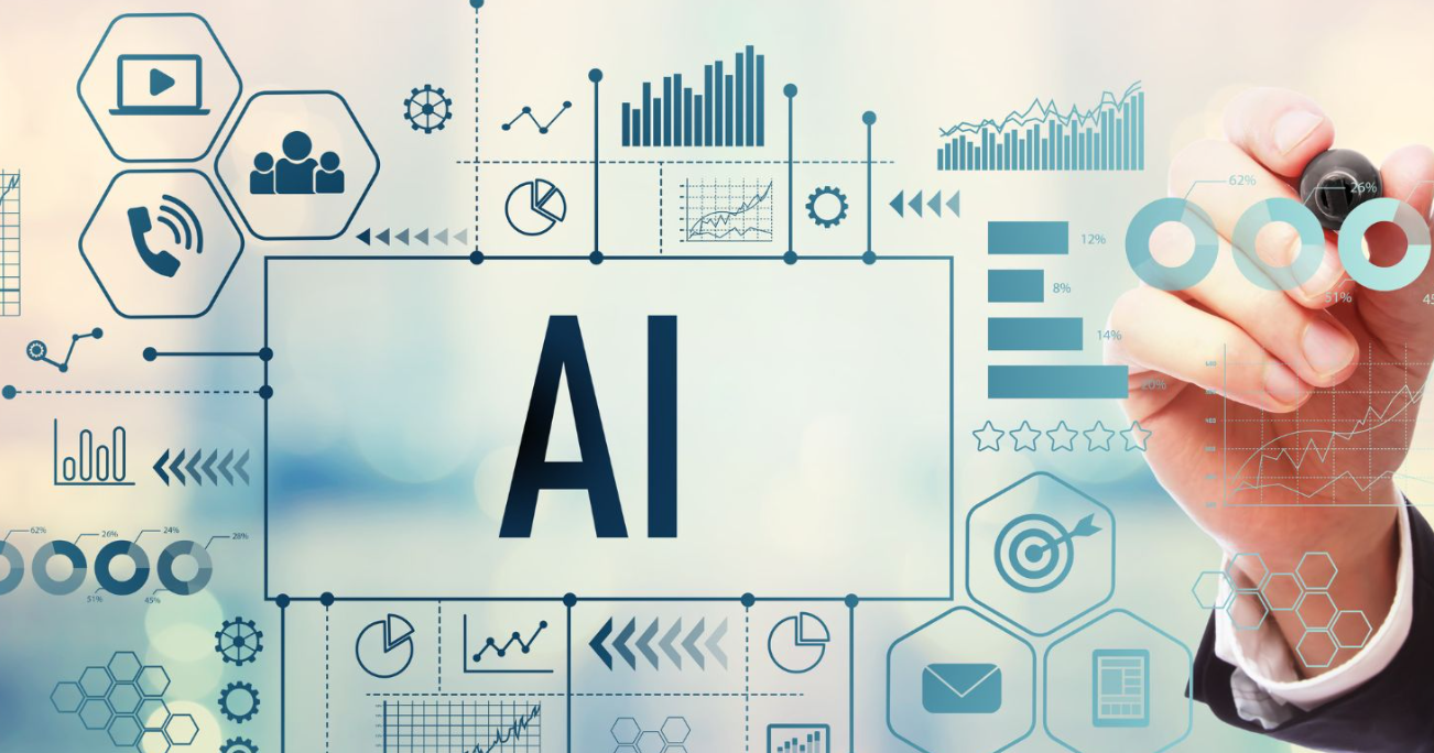 AI marketing dashboard illustration showing analytics charts, search icons, and a hand pointing at the letters AI