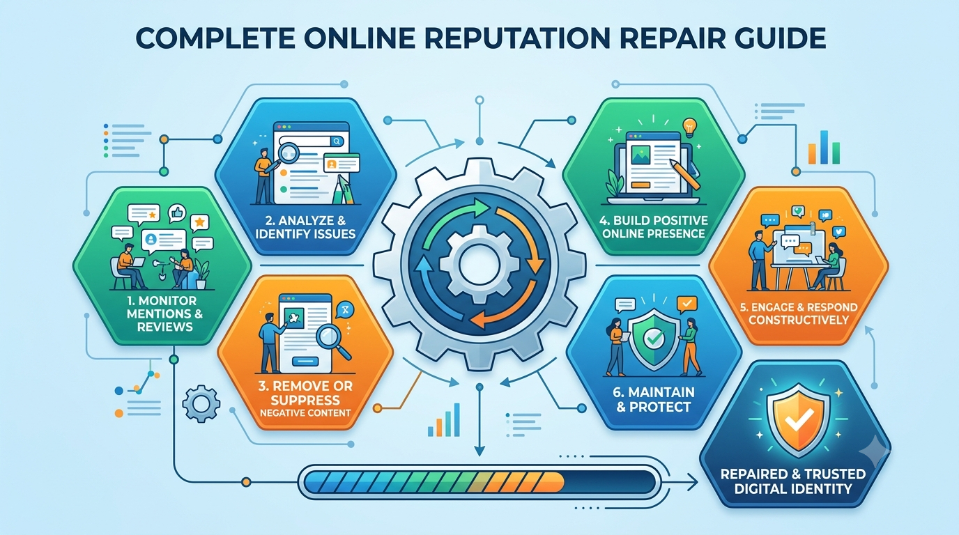 Six-step online reputation repair guide: monitor mentions and reviews, analyze issues, remove or suppress negative content, build positive presence, engage and respond, then maintain and protect