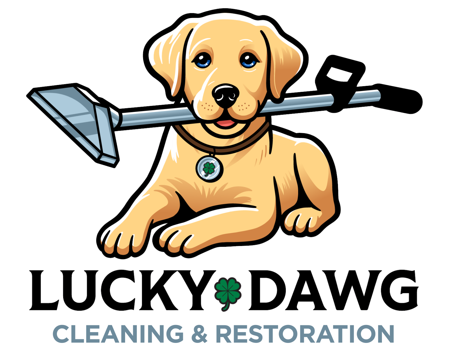 Logo of a smiling yellow dog with cleaning tools and text “LUCKY DAWG CLEANING & RESTORATION”