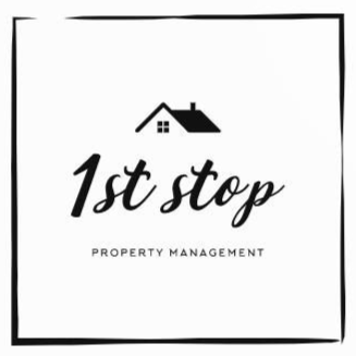 Black-and-white “1st stop” property management logo with a house icon inside a square border