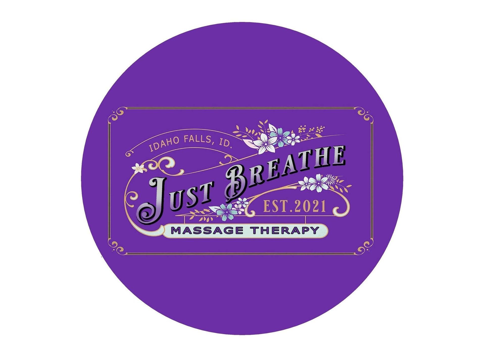 Purple “Just Breathe Massage Therapy” logo with ornate white text and decorative border