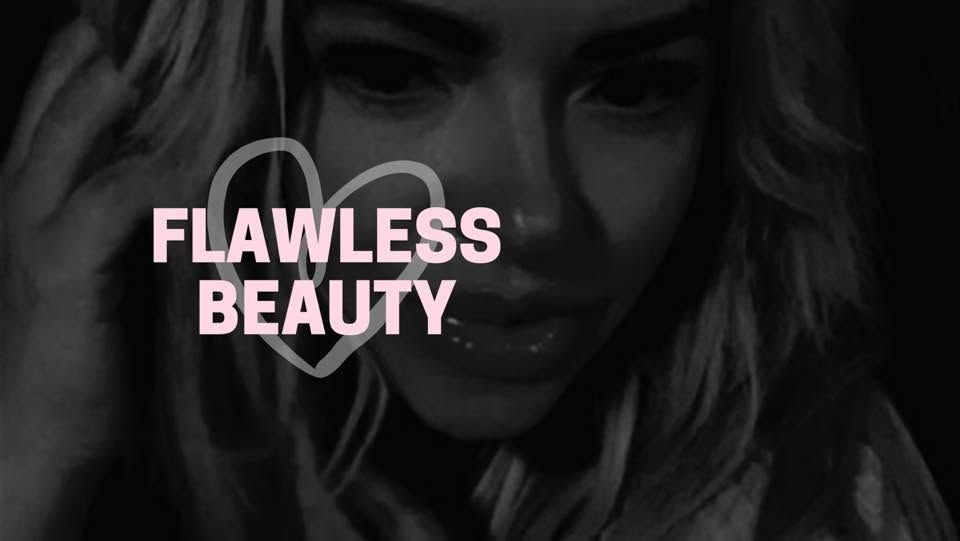 Monochrome close-up of a smiling woman with pink text reading “FLAWLESS BEAUTY” overlaid.