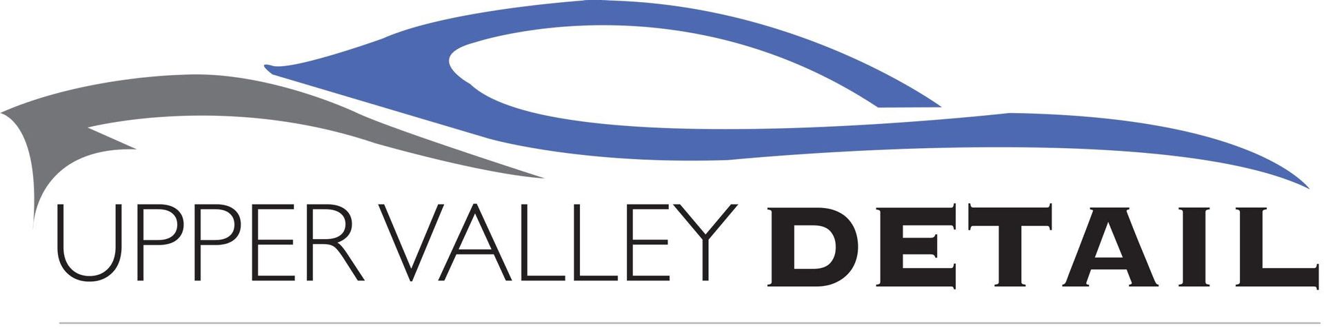 Upper Valley Detail logo with blue car silhouette and gray sweeping line over black text