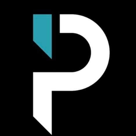 White stylized letter P logo with a teal accent on a black background