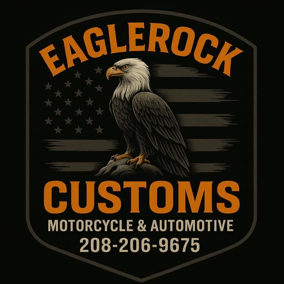 EagleRock Customs logo with bald eagle, vintage U.S. flag, and motorcycle & automotive text, orange and black