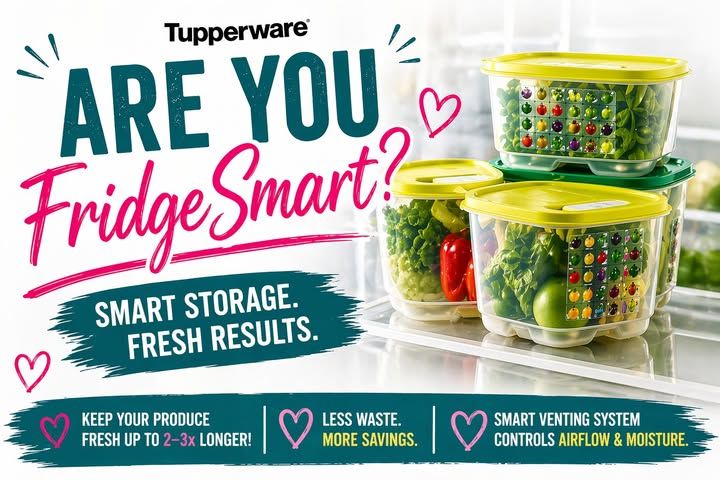 Tupperware ad showing “Are You FridgeSmart?” with green containers and yellow lids for fresh food storage
