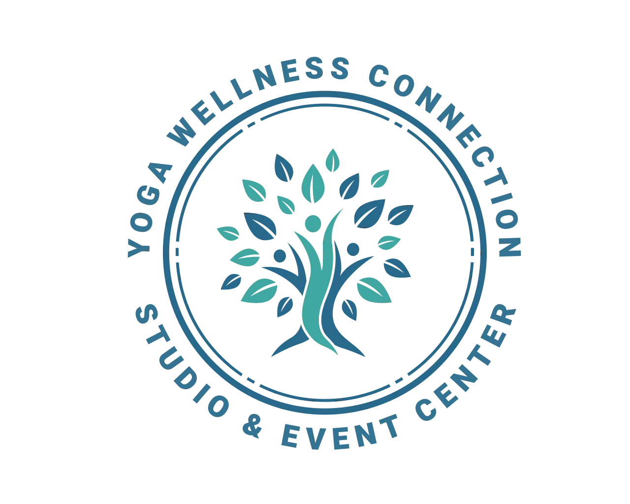 Logo for Yoga Wellness Connection Studio & Event Center, featuring a blue-green tree icon in a circular design