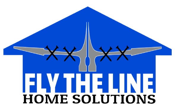 Blue house-shaped logo with airplane and crossed tools above “FLY THE LINE HOME SOLUTIONS” text
