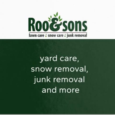 Roo & Sons logo on green background advertising yard care, snow removal, and junk removal