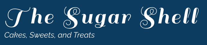 Blue bakery logo reading “The Sugar Shell” with the tagline “Cakes, Sweets, and Treats.”
