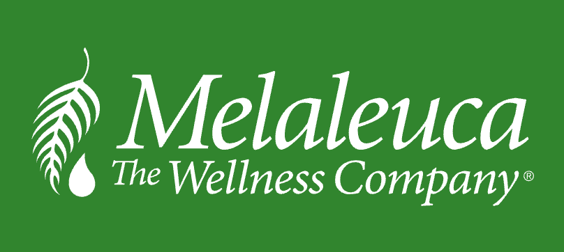 Melaleuca logo in white on a green background with leaf icon and “The Wellness Company” text