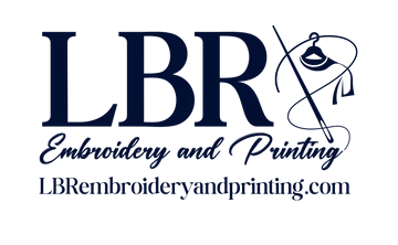 LBR Embroidery and Printing logo with navy text, a clothing hanger icon, and website URL