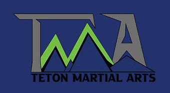 Teton Martial Arts logo with gray and green mountain peaks on a blue background