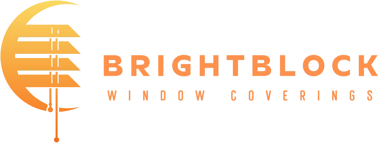 BrightBlock Window Coverings logo with orange sun and blinds icon on white background