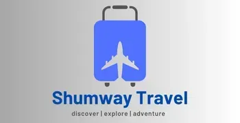Shumway Travel logo with blue suitcase and airplane icon, tagline “discover explore adventure”