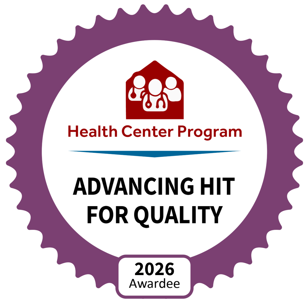 Purple seal with the text: “Health Resources and Services Administration – HRSA Health Center Program – Advancing HIT for Quality – 2024 Awardee.” The badge highlights excellence in using health IT to support high-quality care.