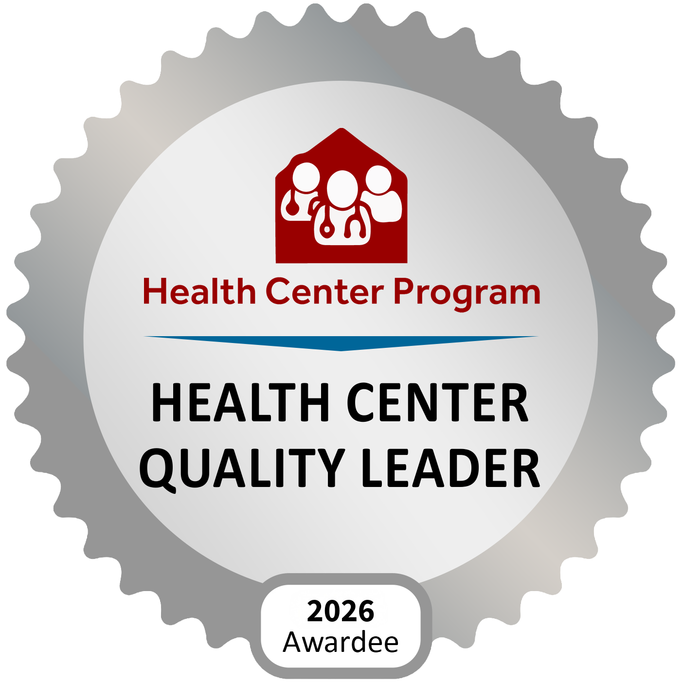 HRSA Health Center Quality Leader 2024 award seal with gold ribbon and blue HRSA logo