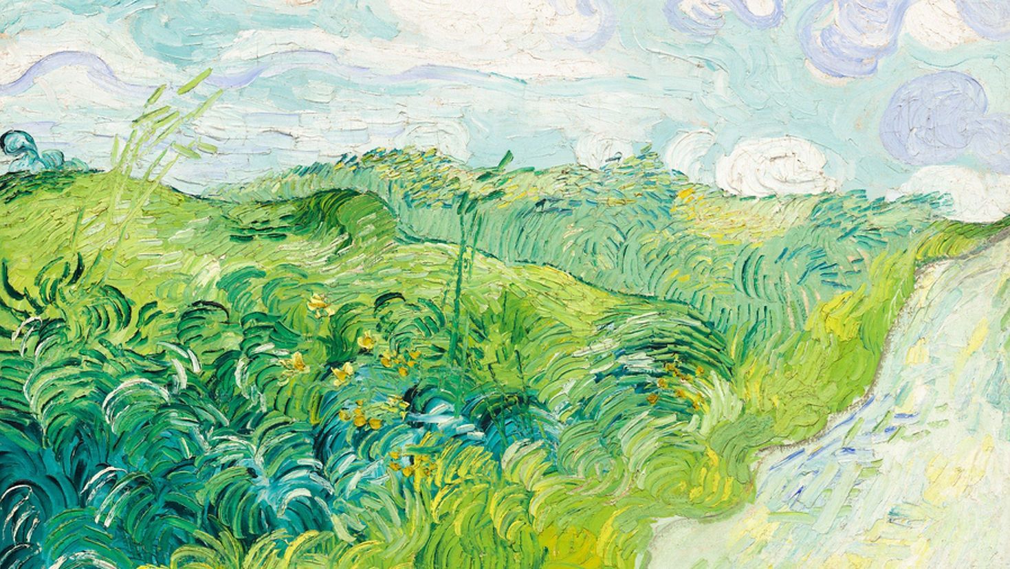 A green impressionist painting of a landscape.