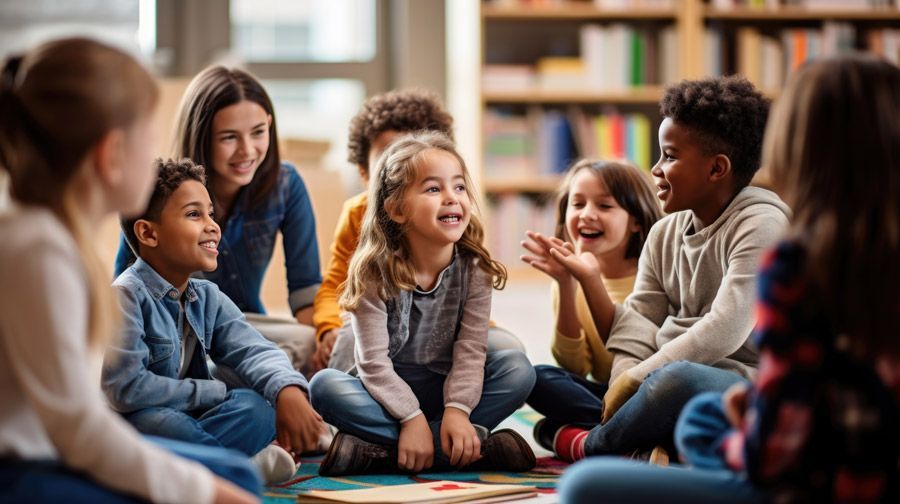 A group of children are sitting in a circle on the floor in a library.
