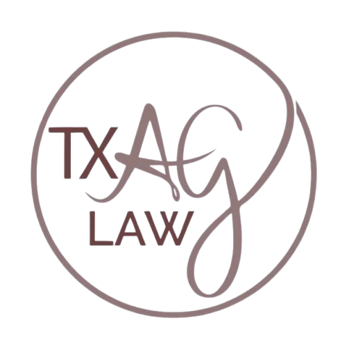 TXAC Law logo in taupe with a circular border and stylized lettering